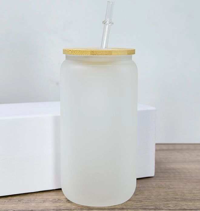 16oz Sublimation beer can glasses with bamboo lid and clear straw Frosted/Clear