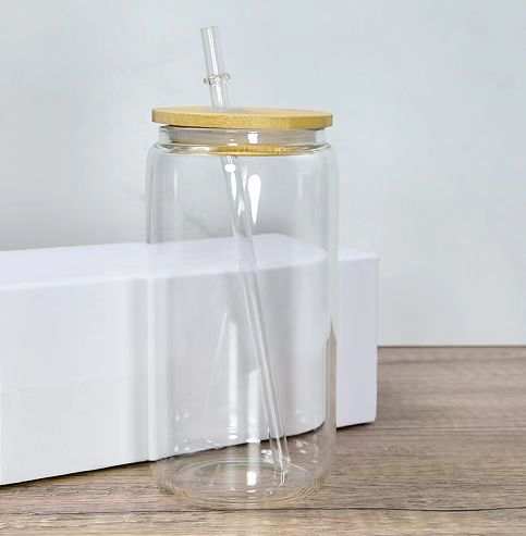16oz Sublimation beer can glasses with bamboo lid and clear straw Frosted/Clear