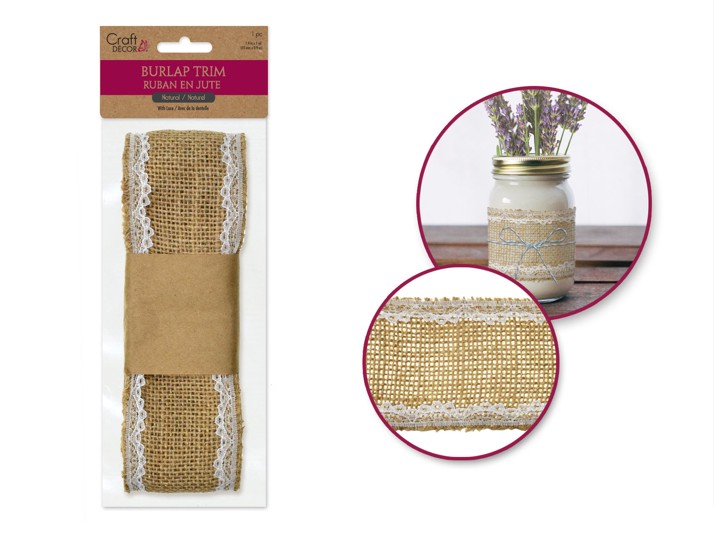 Craft Décor Ribbons: 6cmx1.5m Natural Burlap Trim With Lace