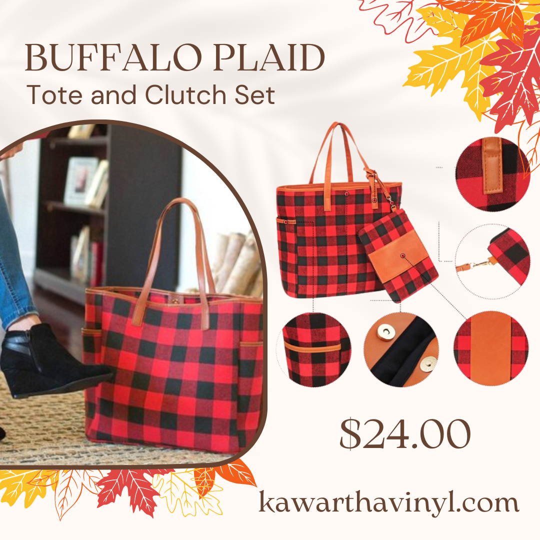 Buffalo plaid bag and clutch set