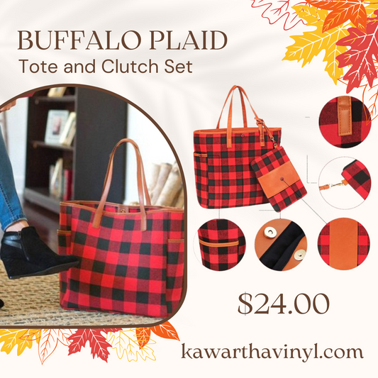 Buffalo plaid bag and clutch set