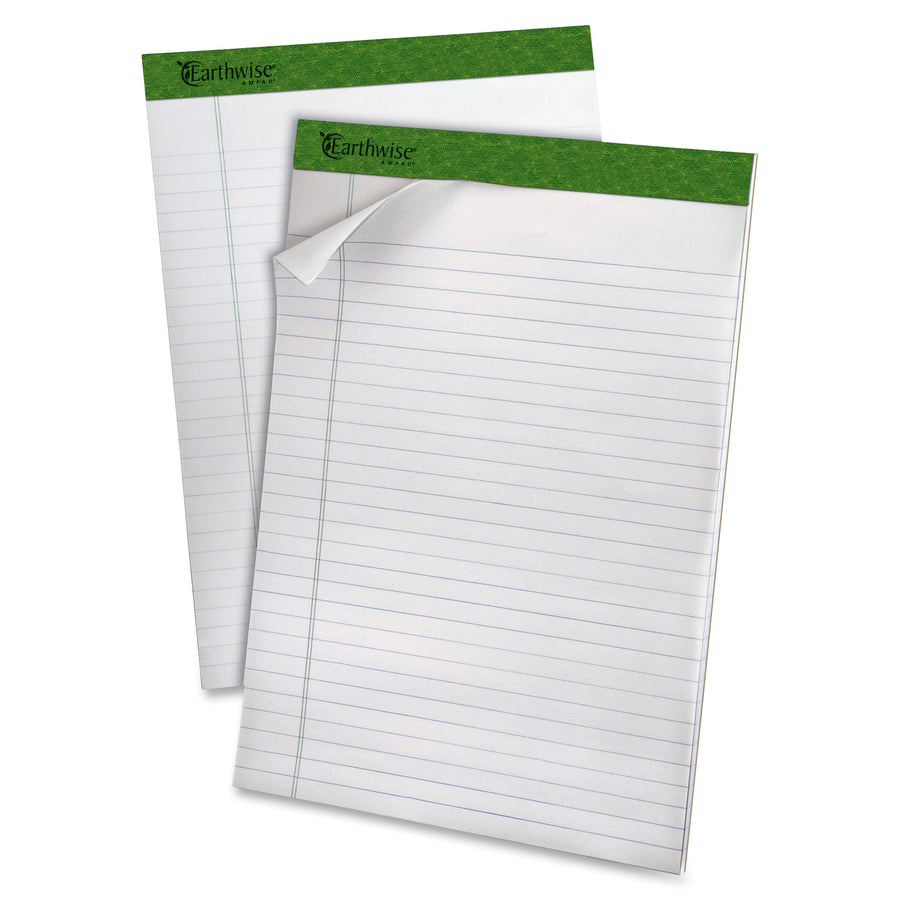 Ampad Earthwise Recycled Writing Pads - 40 Sheets - Both Side Ruling Surface - 0.34" Ruled - Ruled Margin - 20 lb Basis Weight - 8 1/2" x 11 3/4" - White Paper - Environmentally Friendly, Micro Perforated - Recycled - 4 / Pack