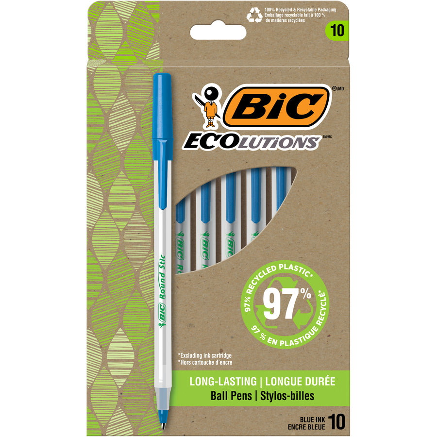 BIC Ecolutions Round Stic Ballpoint Pens, Medium Point (1.0 mm), 10-Count Pack, Blue Ink Pens Made from 97% Recycled Plastic - 1 mm Pen Point Size - Blue - Semi Clear Barrel - 10 Pack