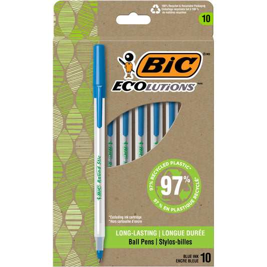 BIC Ecolutions Round Stic Ballpoint Pens, Medium Point (1.0 mm), 10-Count Pack, Blue Ink Pens Made from 97% Recycled Plastic - 1 mm Pen Point Size - Blue - Semi Clear Barrel - 10 Pack