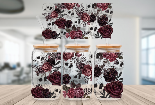 16oz Beer Can Glass Skull Roses Sublimation Print
