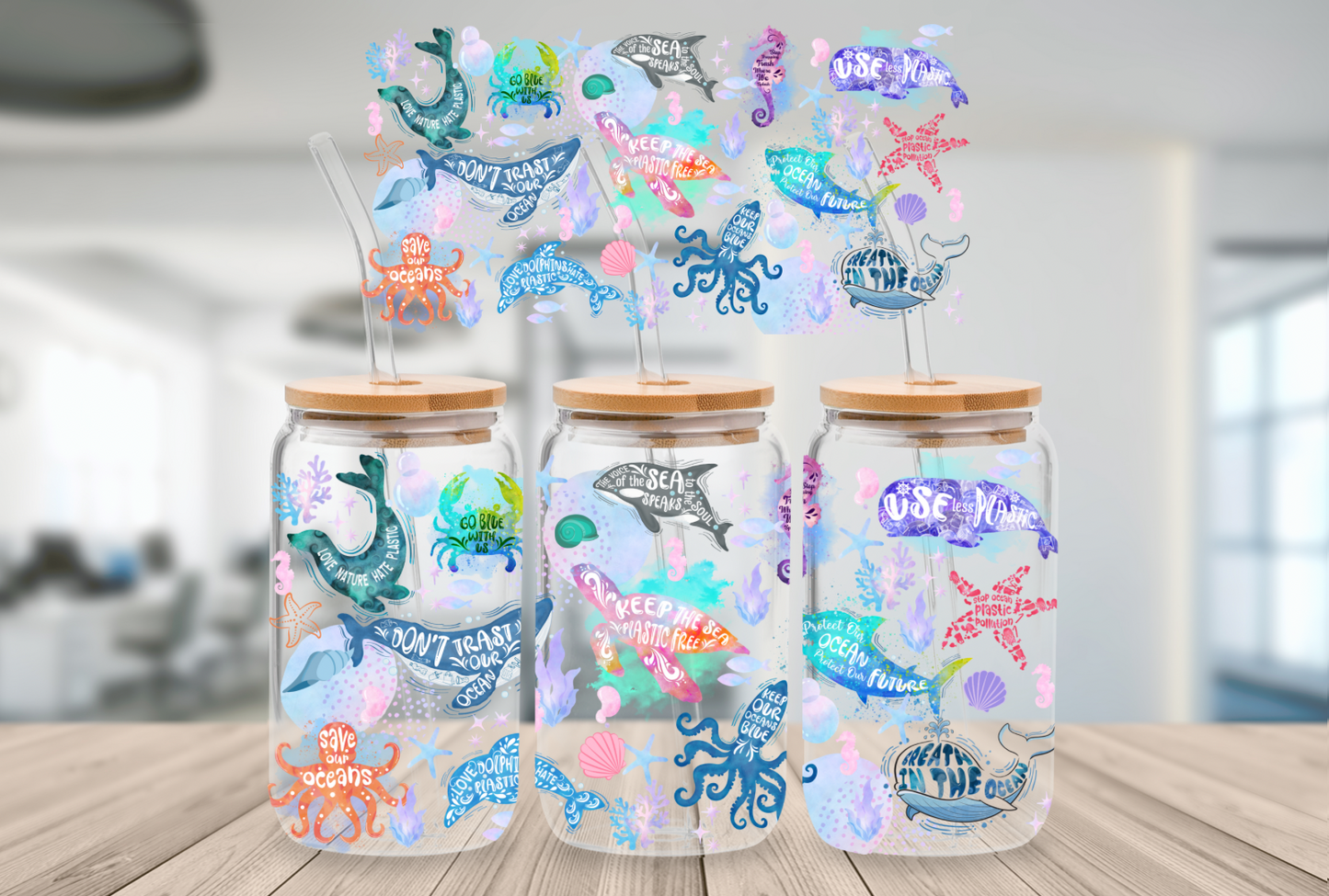 16oz Beer Can Glass Save the Ocean Sublimation Print