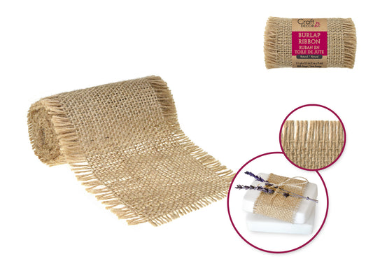 Craft Décor Ribbons: 9cmx1m Natural Burlap Trim w/Fringe