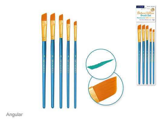 Artist Brush Set: Deluxe Taklon Brush Sets x5 Wood Handle Angular