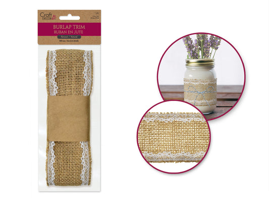 Craft Décor Ribbons: 6cmx1.5m Natural Burlap Trim With Lace