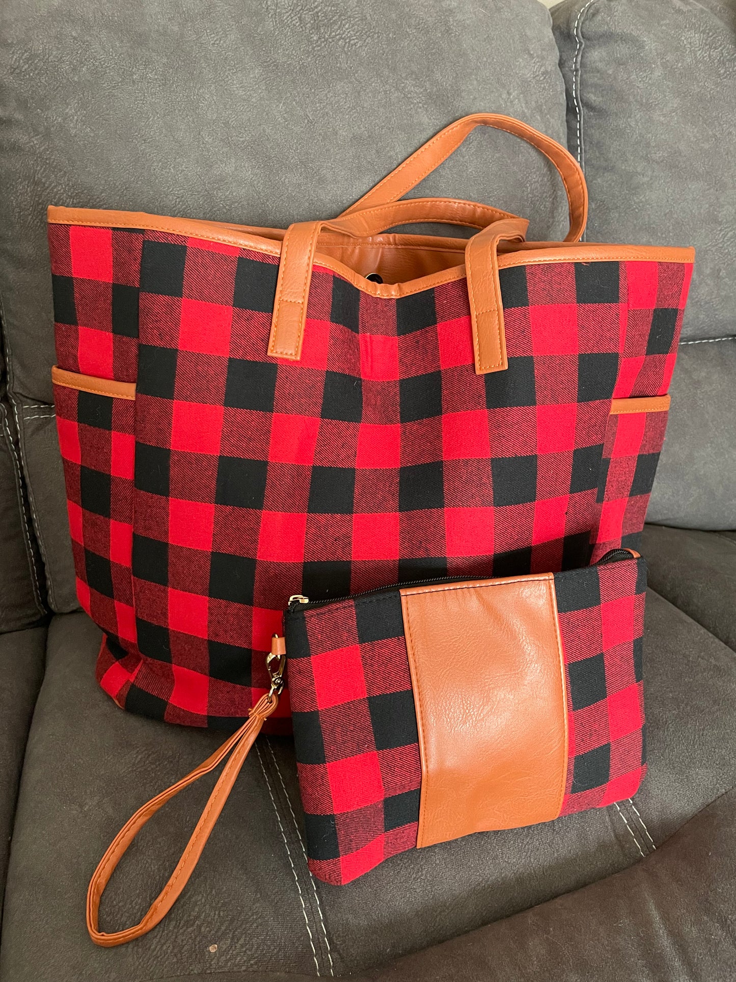 Buffalo plaid bag and clutch set